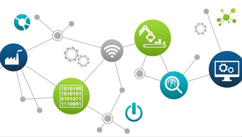 Symbolbild: Grafik zeigt Icons mit Symbolen zum Thema Digitalisierung. Z.B. das W-Lan Symbol, Einen Computerbildschirm, eine intelligent gesteuerte Maschine und Binärcode. 