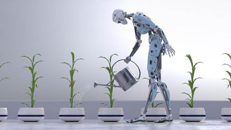 Ein menschlich aussehender Roboter gießt Pflanzen, die in Kübeln wachsen.