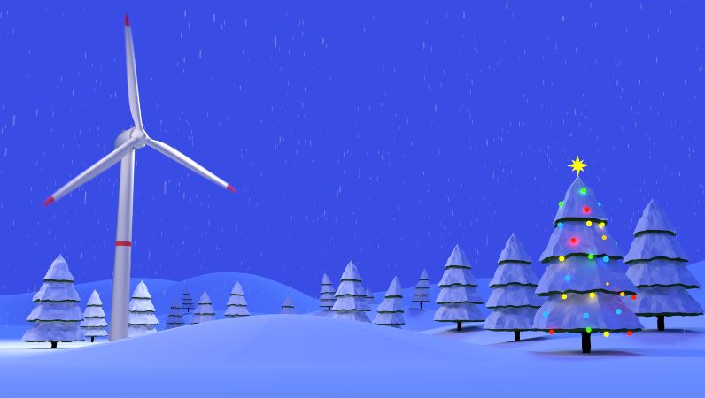 Symbolbild erneuerbare Energie: Windrad und weihnachtlich dekorierte Tannenbäume in winterlicher, schneebedeckter Kulisse. 