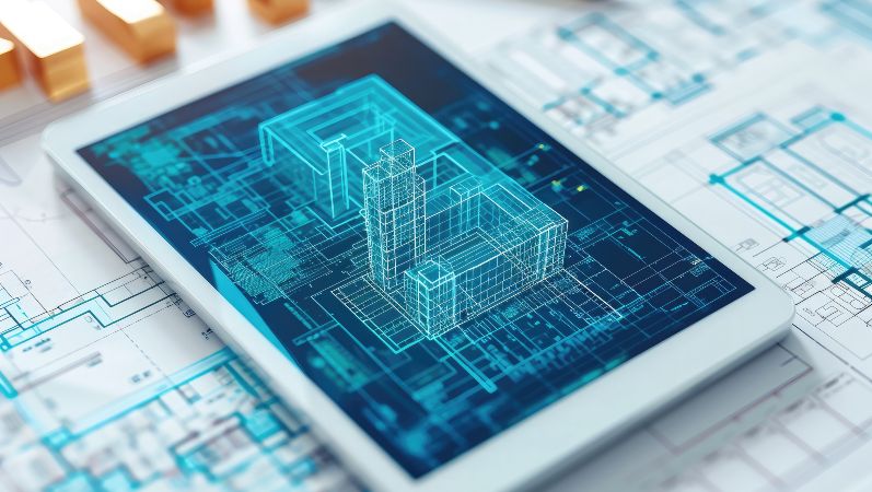 Digitale 3D-Darstellung einer Gebäudeskizze auf einem Tablet.