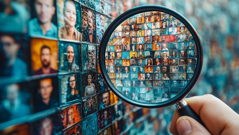 Symboldbild: Lupe über mehreren Porträtbildern.