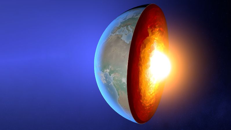 Im Erdkern steckt viel Energie - hier sieht man eine Grafik mit durchgeschnittener Erdkugel.