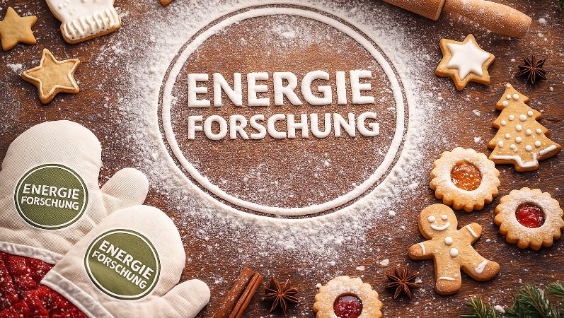 Symbolbild für die Weihnachtszeit: Schriftzug Energieforschung mit Plätzchen.